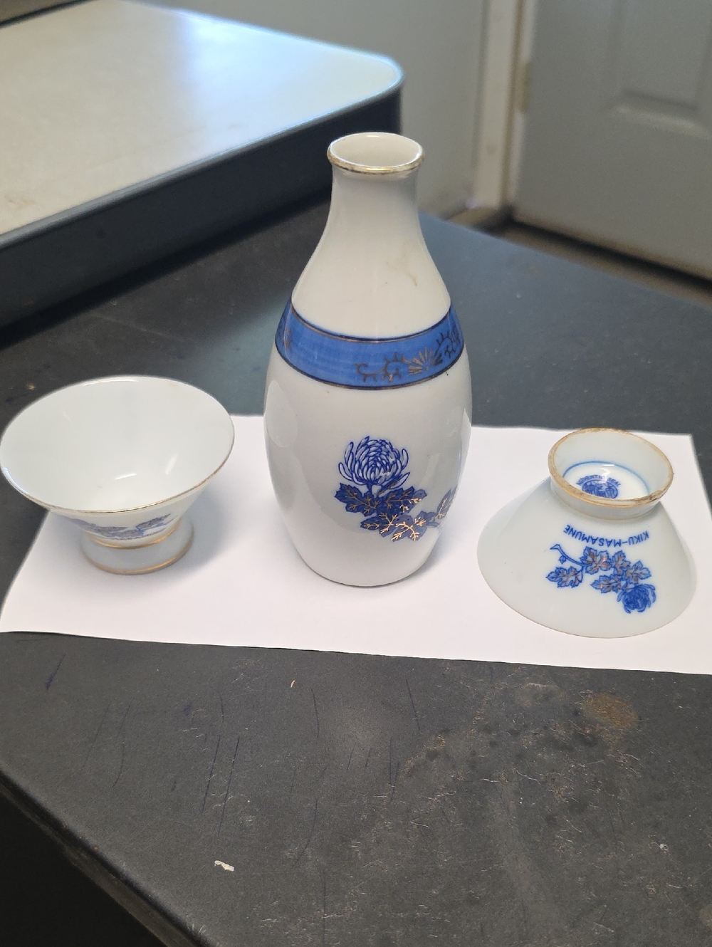 Kiku-Masamune Japanese sake set.Blue and White Porcelain Sake Set with Gold Trim
